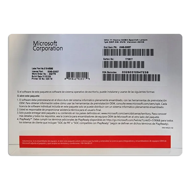 Sistema Operativo Microsoft Windows 11 Home, 64 bits, español, DSP OEM DVD. MICROSOFT